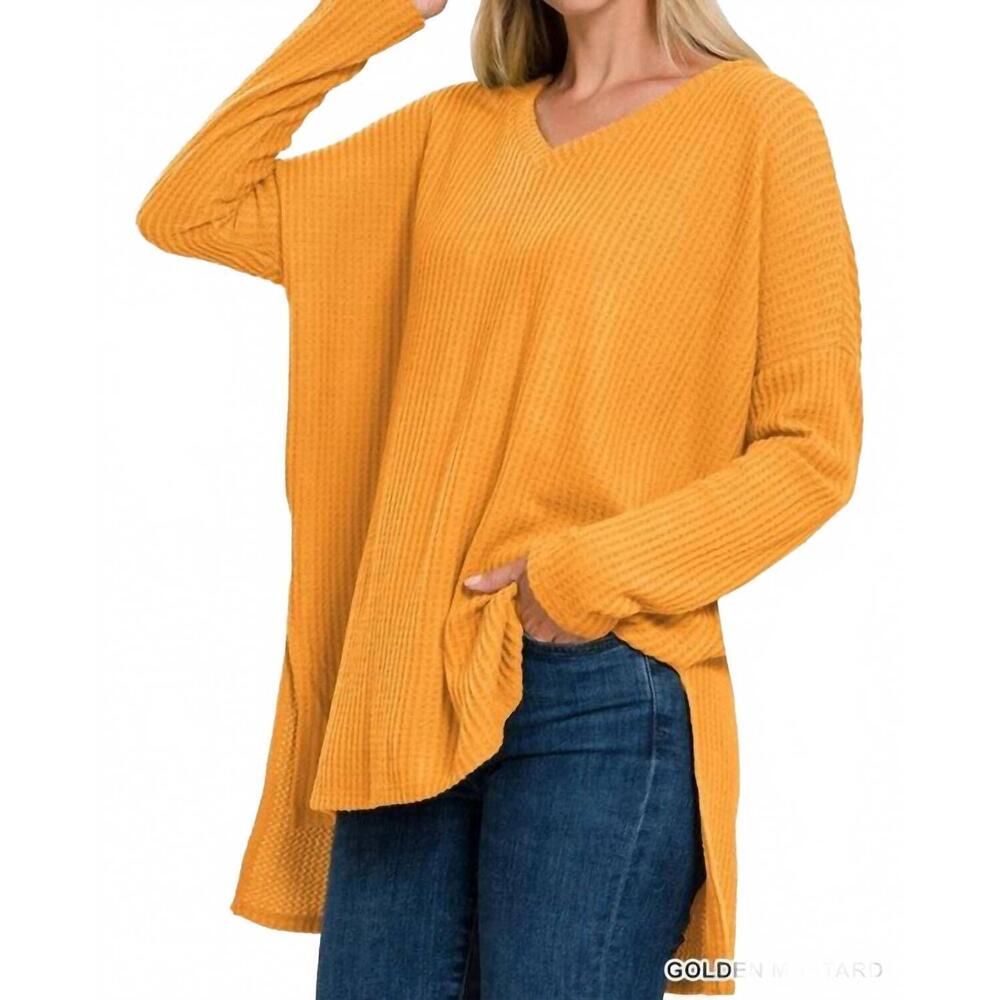 NEW ZENANA women's waffle knit v neck high low top in golden mustard